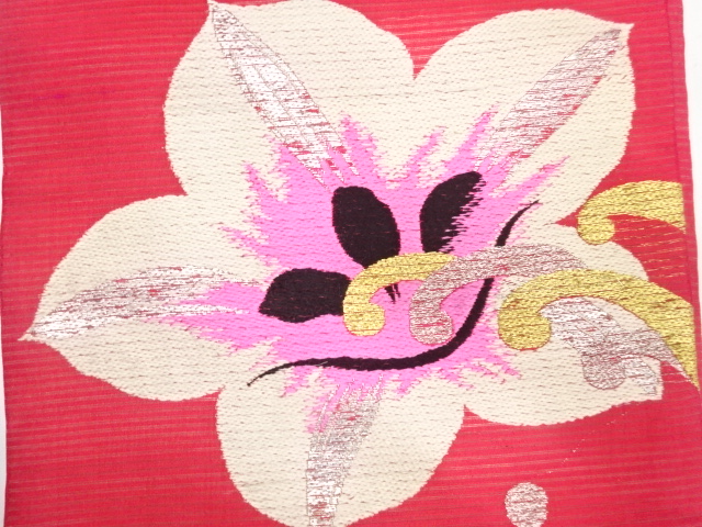 アンティーク　絽　荒波に百合模様織り出し名古屋帯